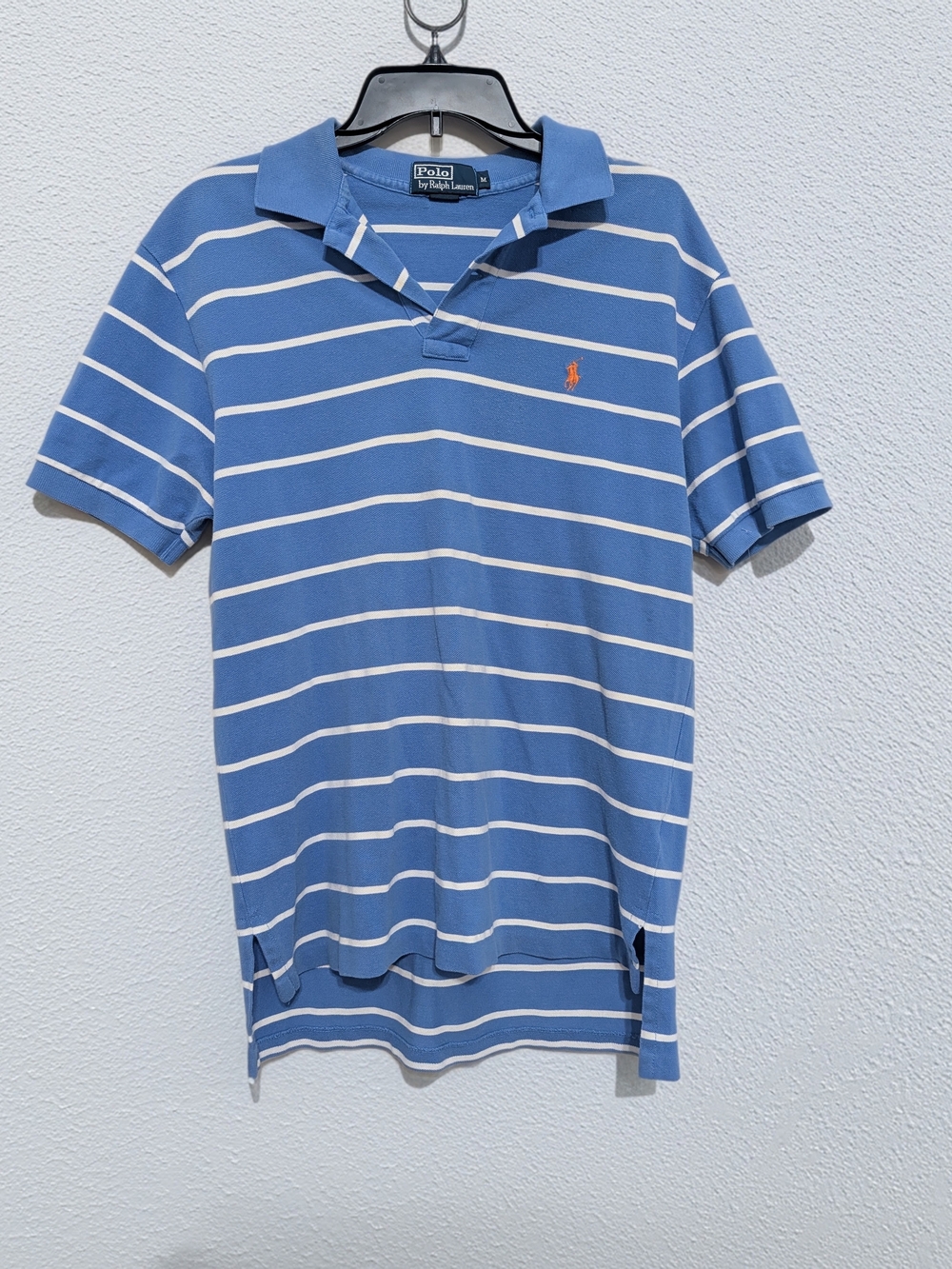 Ralph Lauren Light Blue and White Striped Polo with Orange Pony